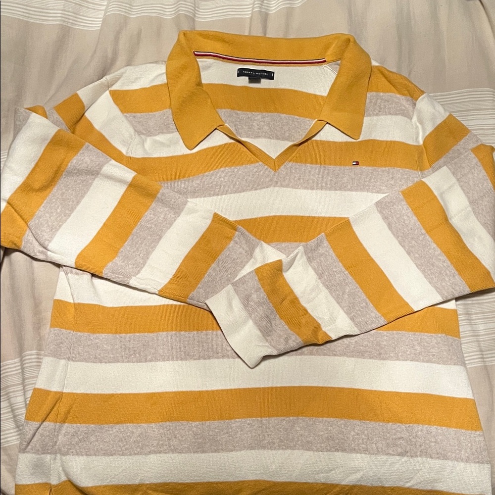 Tommy Hilfiger Women’s Mustard and Cream Striped V-neck Collared Shirt